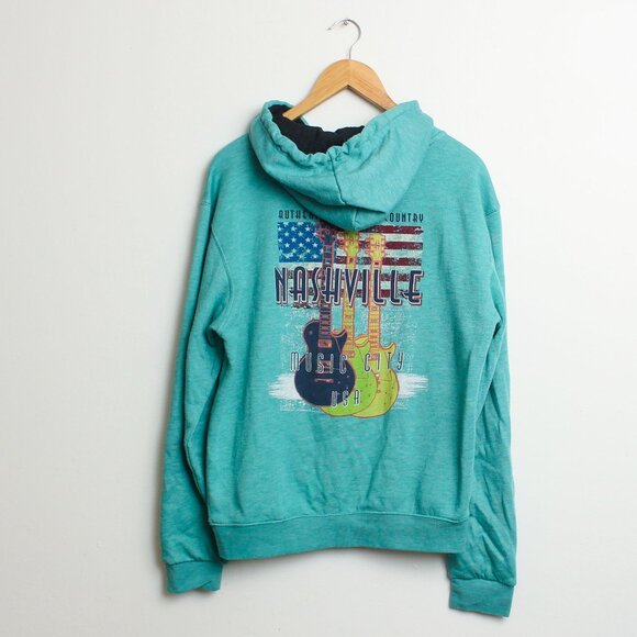 Nashville Tennessee Hoodie Mens Medium Teal Country Music Full Zip - Picture 1 of 8